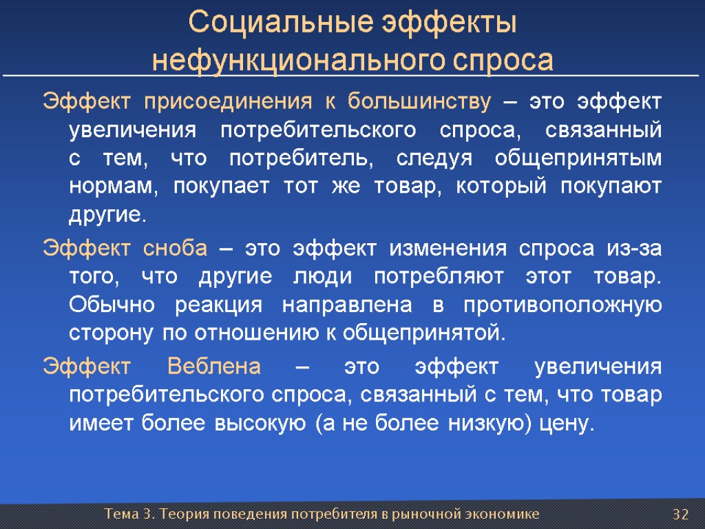 Тема 3. Теория поведения потребителя в рыночной экономике 32 Социальные эффекты нефункционального спроса Эффект